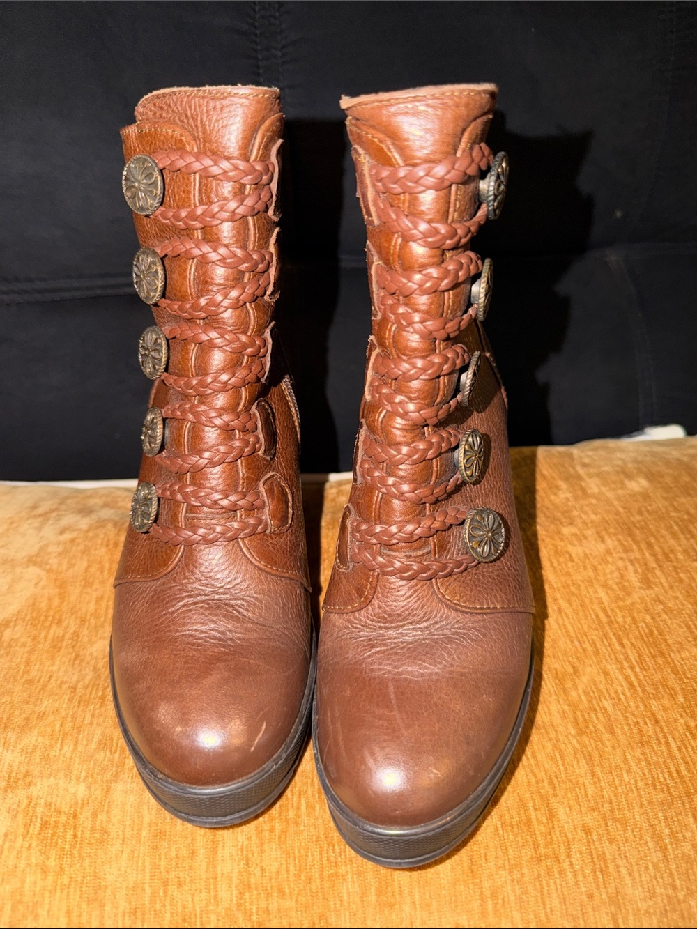 Braided Button Front Brown Leather Women's Boots